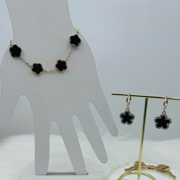 Camille Flower Black Bracelet & Sparkle Floral Rhinestones Dangle Earrings - Picture 5 of 5